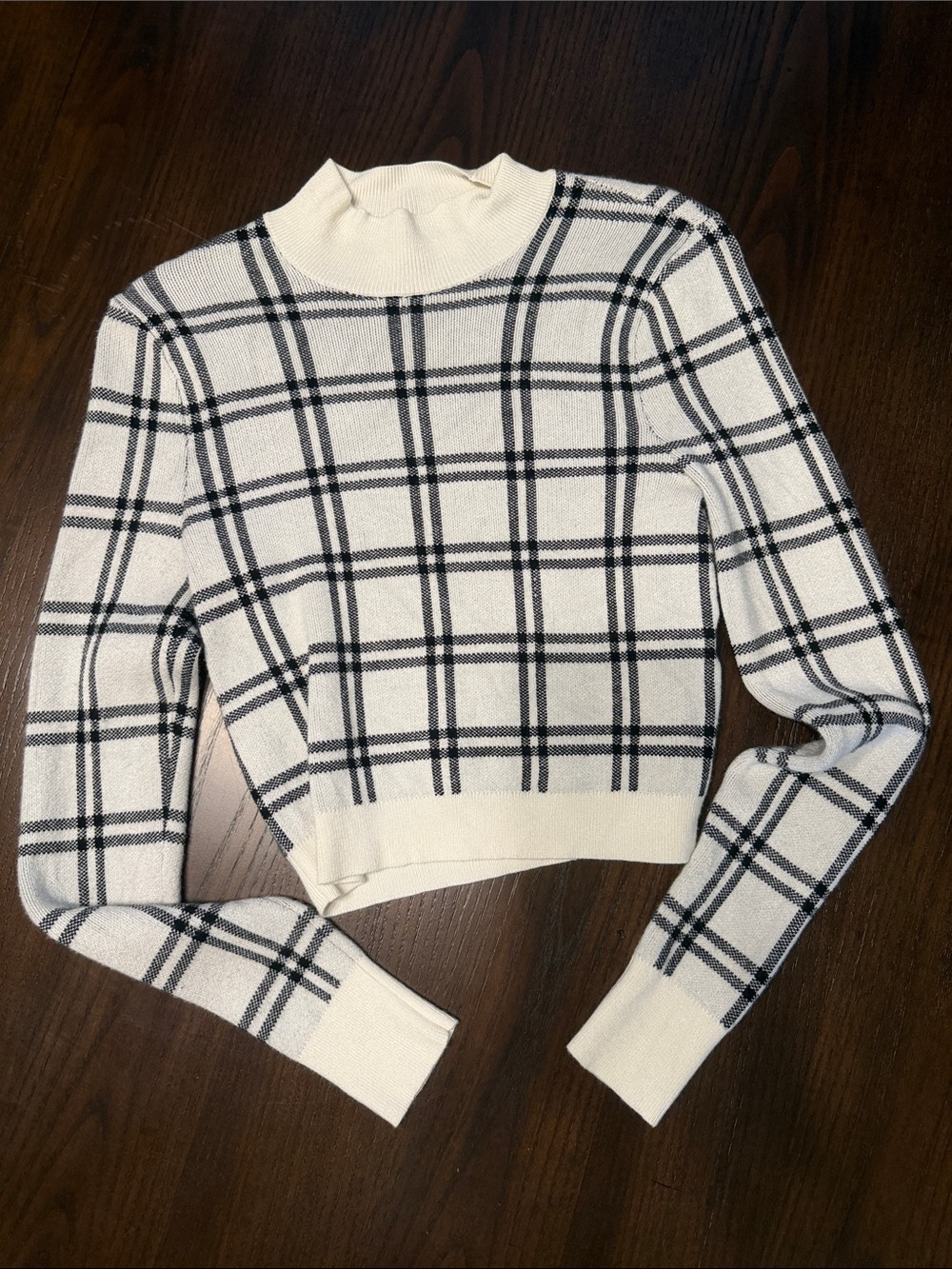 Abercrombie & Fitch Cream and Black Plaid Mock Neck Sweater